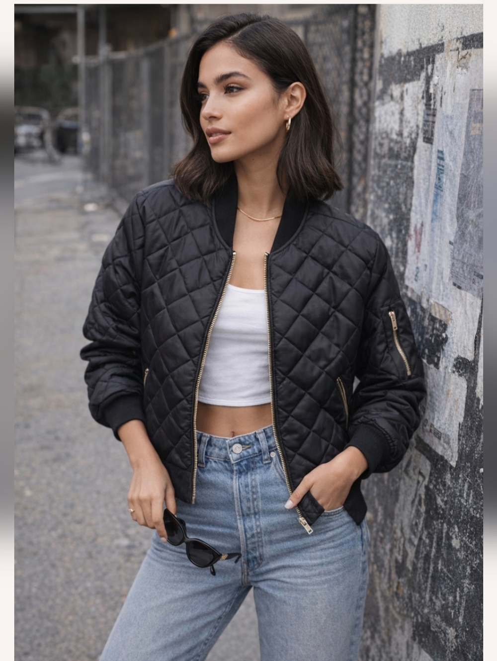 7 For All Mankind Black Quilted Bomber Jacket XL Gold Zipper Street Style
